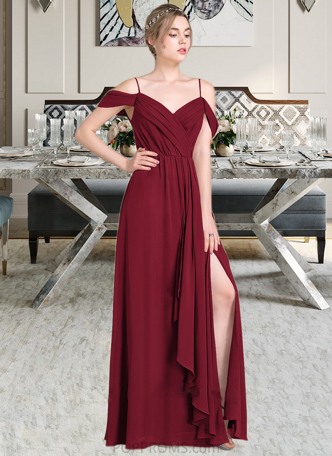 Izabelle A-Line V-neck Floor-Length Chiffon Bridesmaid Dress With Bow(s) Split Front Cascading Ruffles PP6P0013123