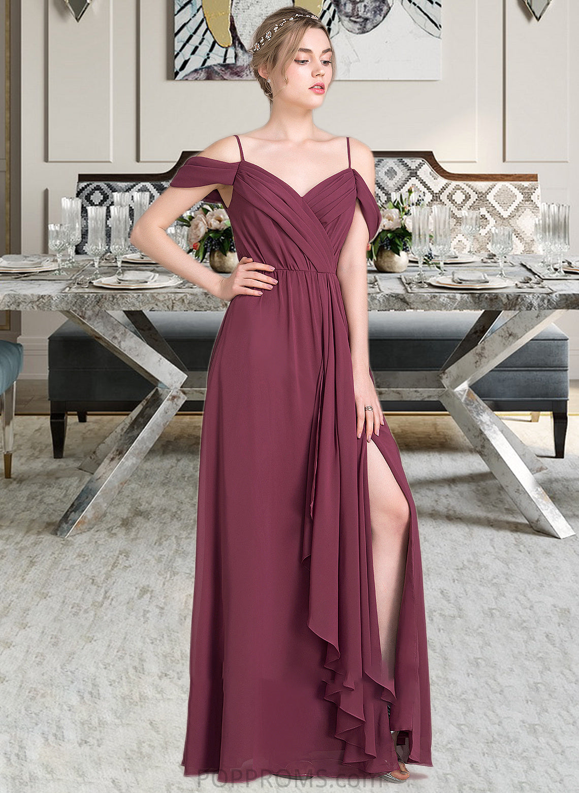 Izabelle A-Line V-neck Floor-Length Chiffon Bridesmaid Dress With Bow(s) Split Front Cascading Ruffles PP6P0013123