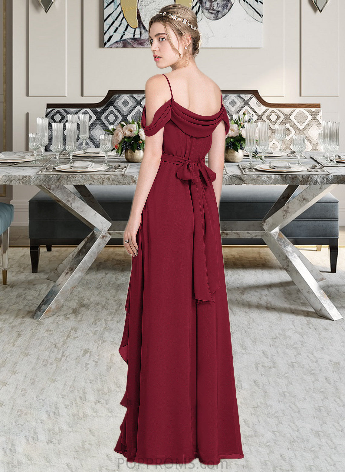 Izabelle A-Line V-neck Floor-Length Chiffon Bridesmaid Dress With Bow(s) Split Front Cascading Ruffles PP6P0013123