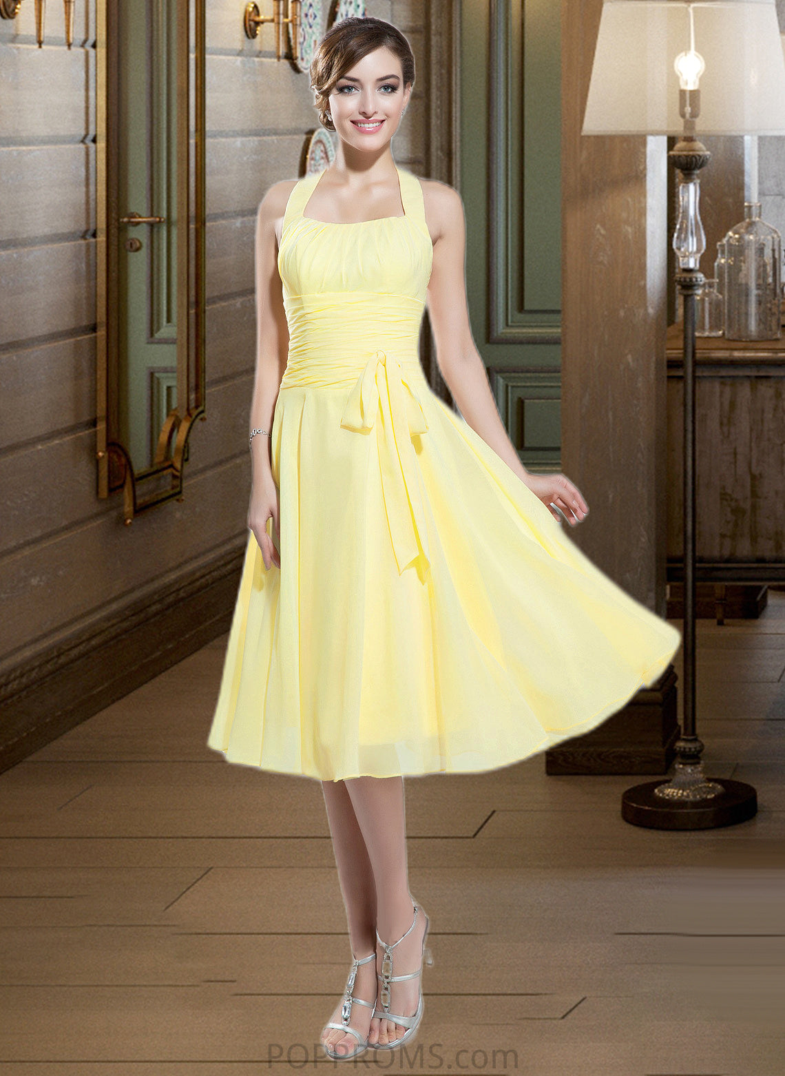 Heather Halter Empire Knee-length Chiffon Bridesmaid Dress With Ruffle Bow(s) PP6P0013124