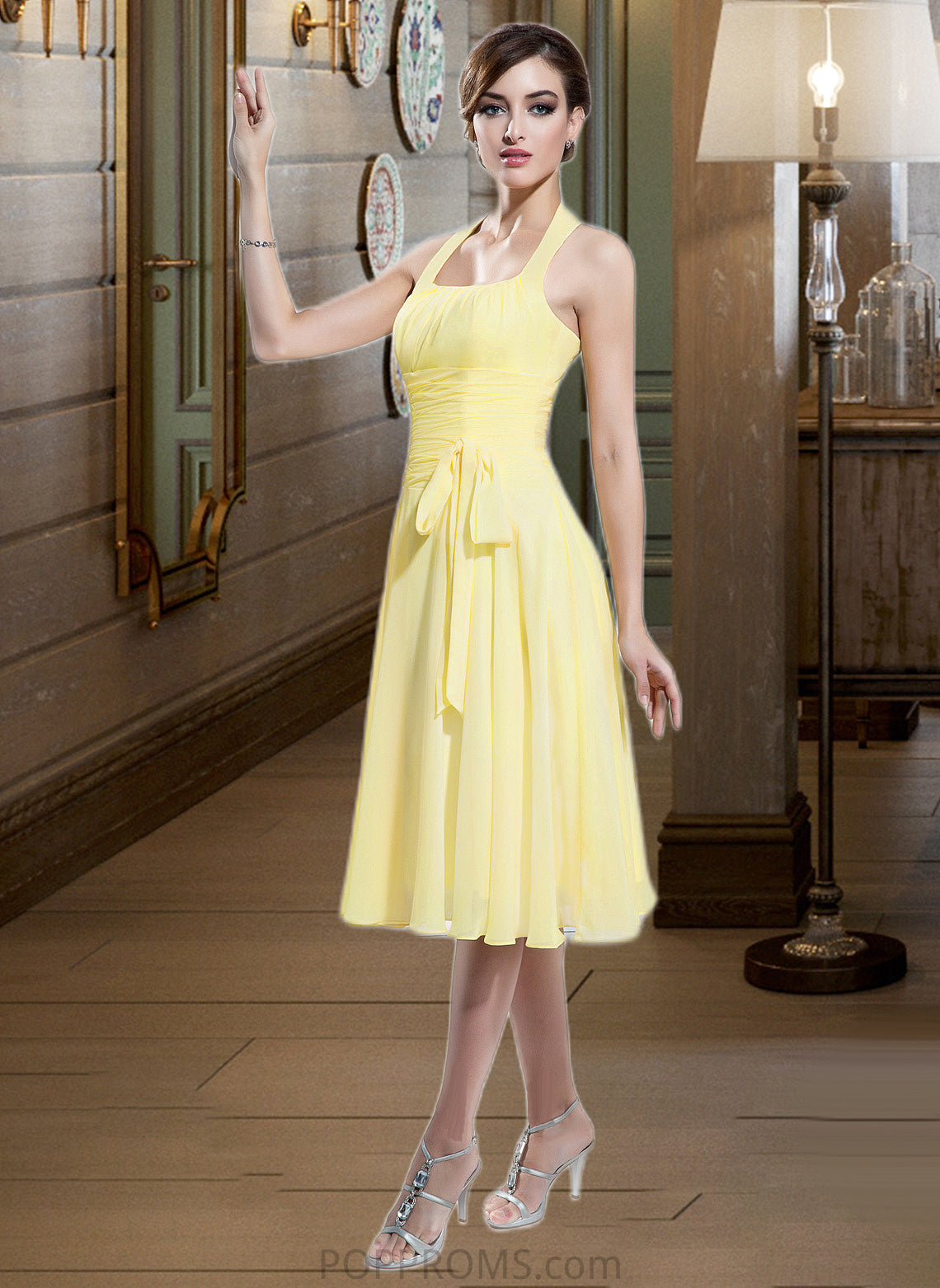 Heather Halter Empire Knee-length Chiffon Bridesmaid Dress With Ruffle Bow(s) PP6P0013124