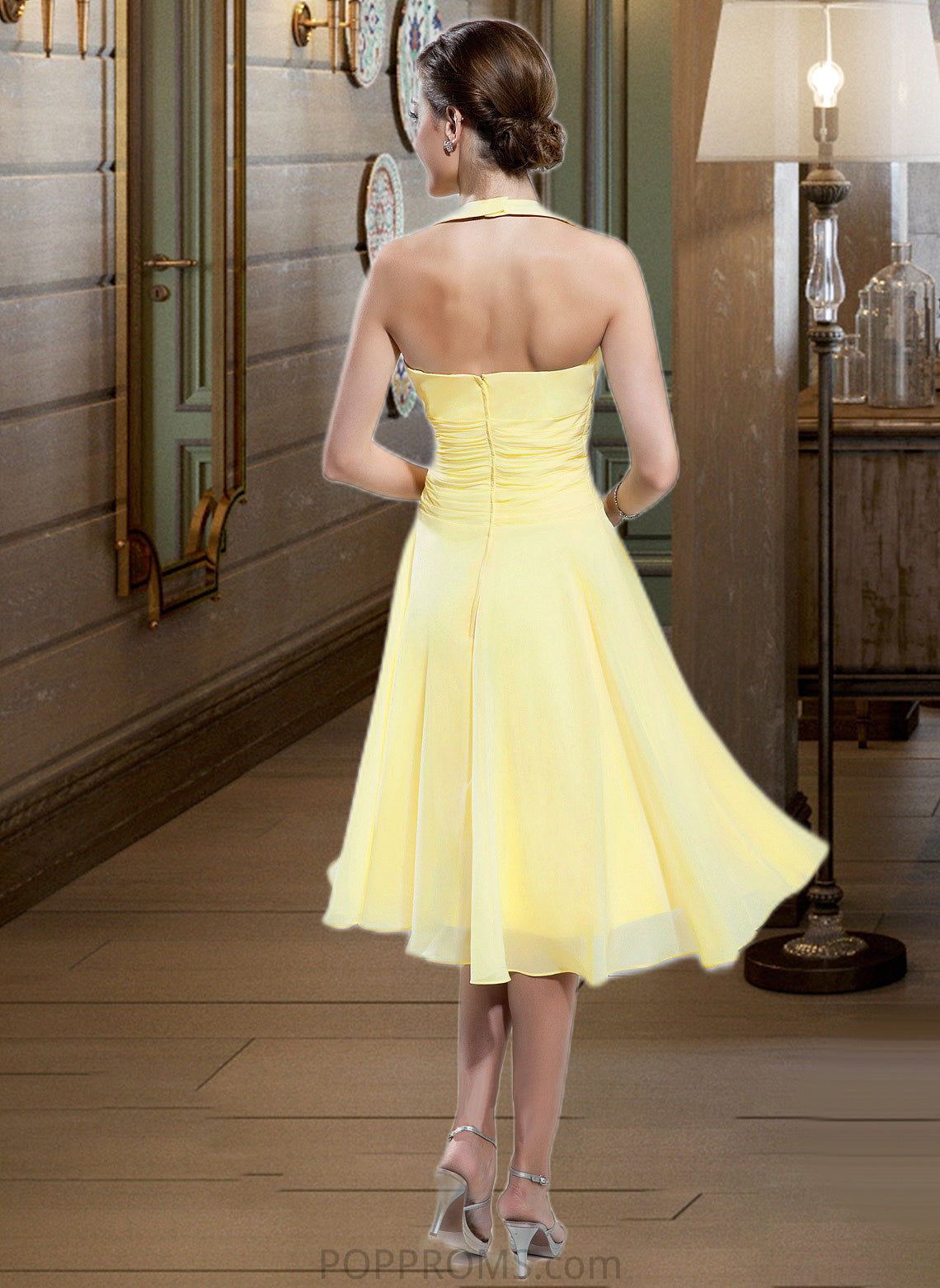 Heather Halter Empire Knee-length Chiffon Bridesmaid Dress With Ruffle Bow(s) PP6P0013124