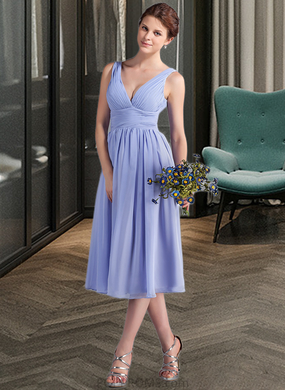 Genesis A-Line V-neck Tea-Length Chiffon Bridesmaid Dress With Ruffle PP6P0013125