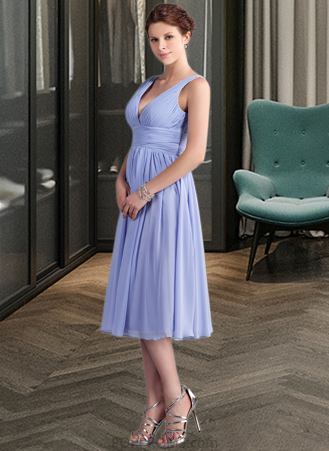 Genesis A-Line V-neck Tea-Length Chiffon Bridesmaid Dress With Ruffle PP6P0013125