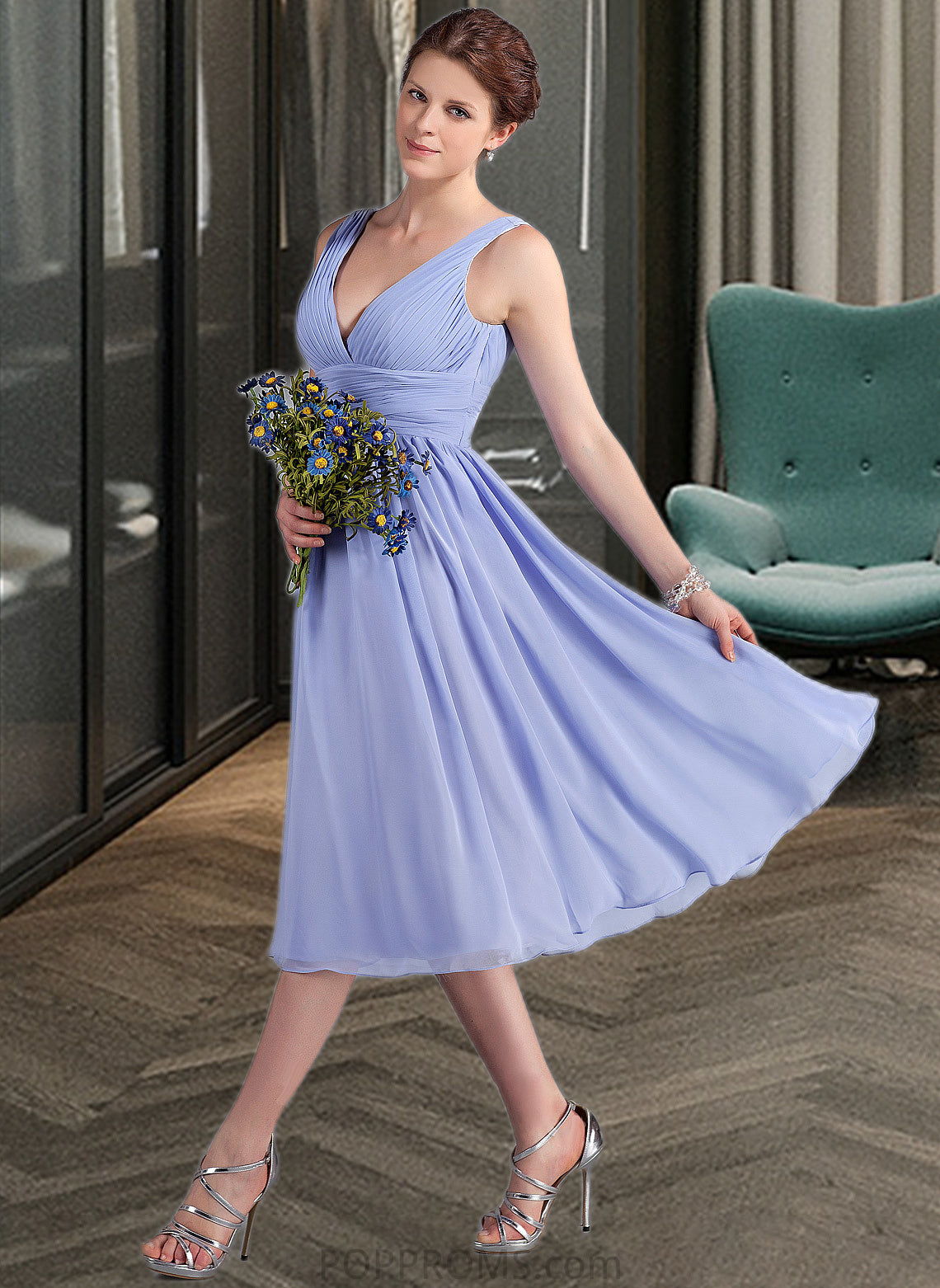 Genesis A-Line V-neck Tea-Length Chiffon Bridesmaid Dress With Ruffle PP6P0013125