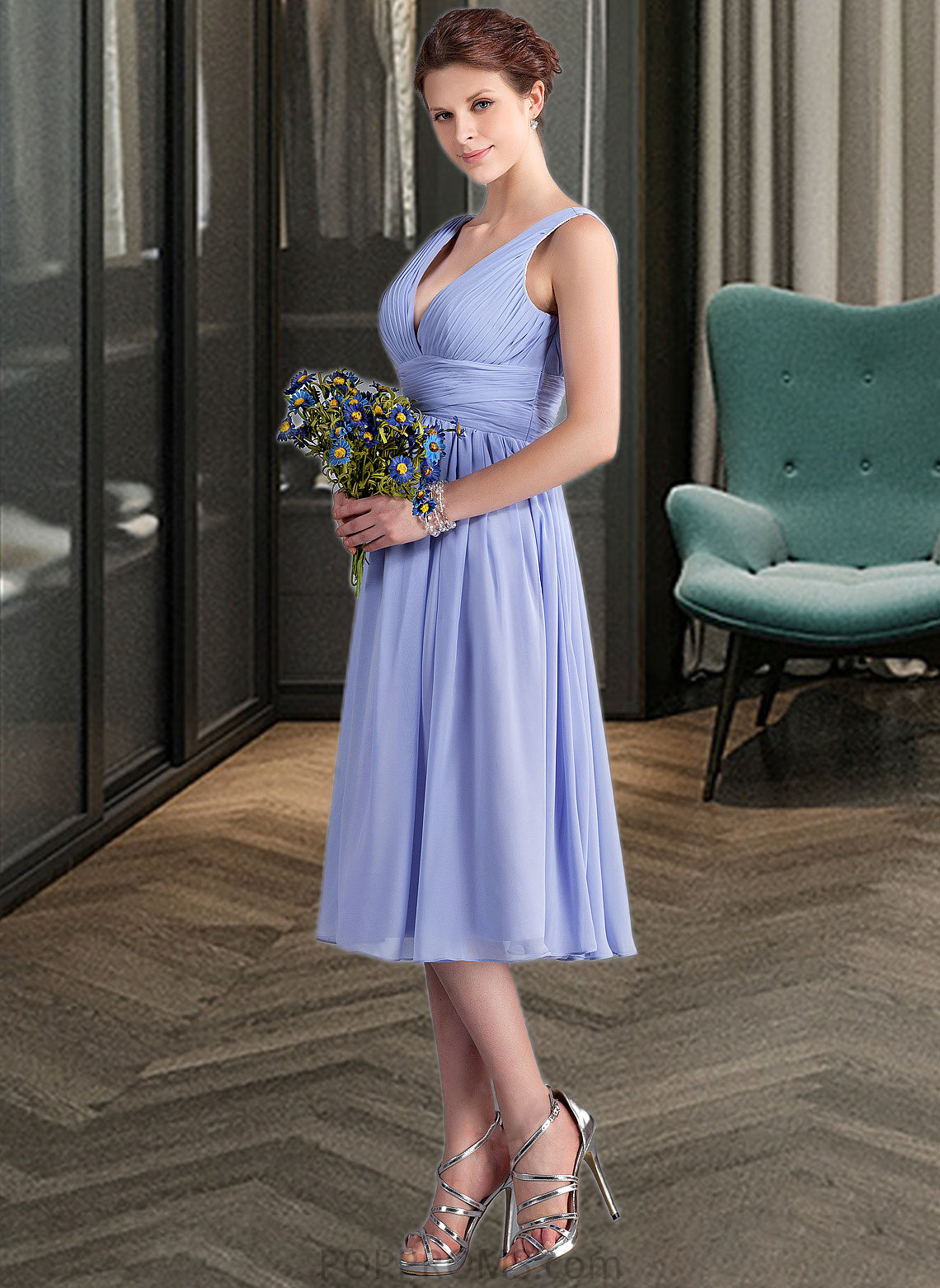 Genesis A-Line V-neck Tea-Length Chiffon Bridesmaid Dress With Ruffle PP6P0013125