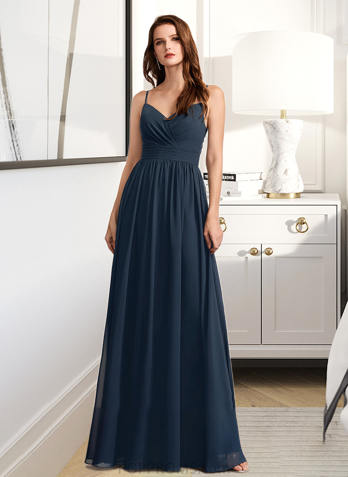 Selena A-Line V-neck Floor-Length Bridesmaid Dress With Lace PP6P0013127