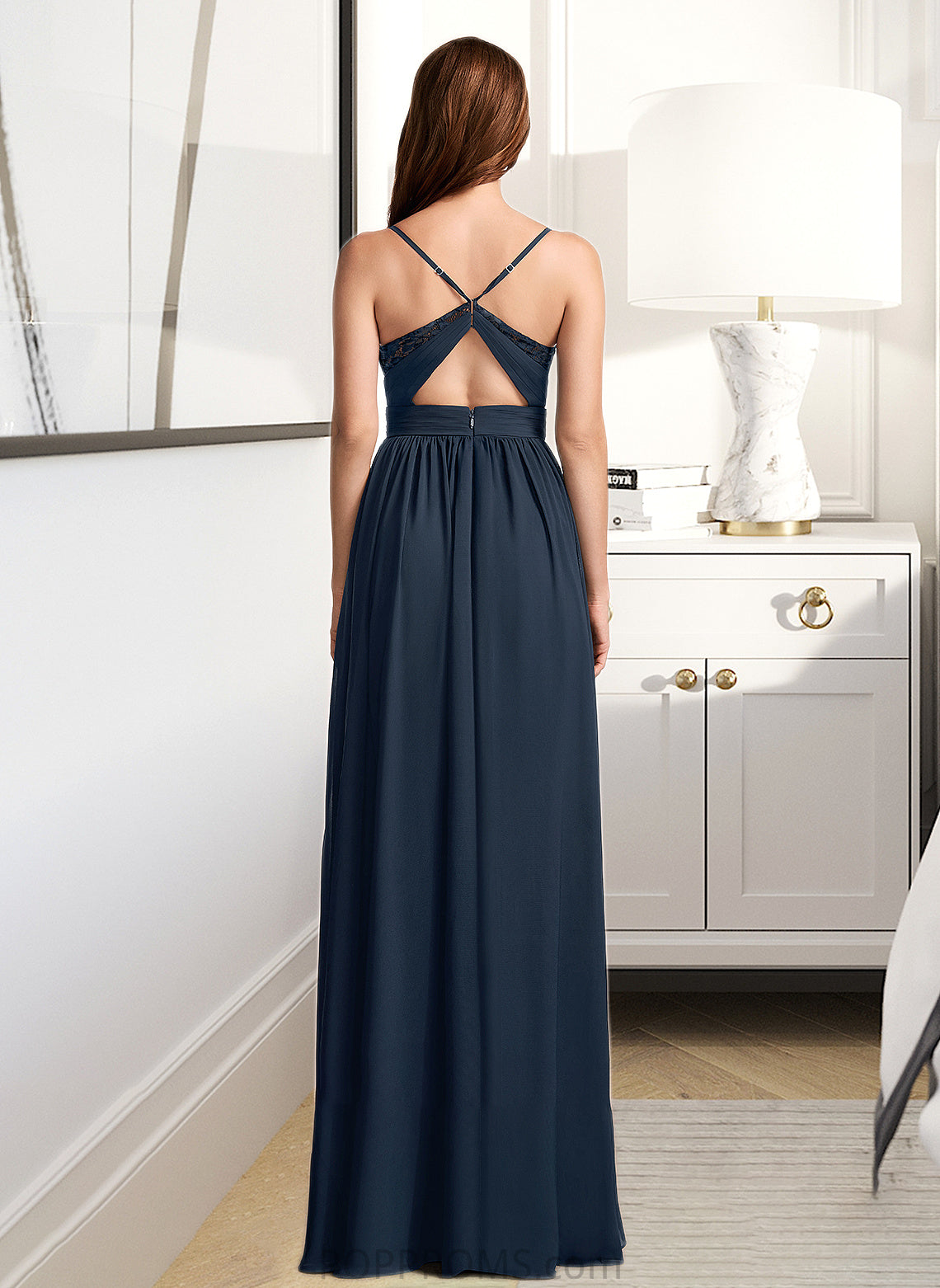 Selena A-Line V-neck Floor-Length Bridesmaid Dress With Lace PP6P0013127