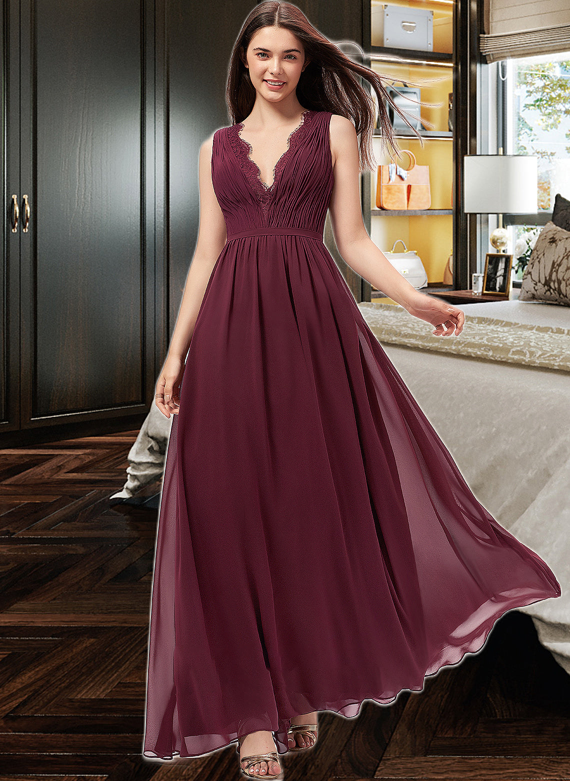 Tamara A-Line V-neck Floor-Length Chiffon Bridesmaid Dress With Ruffle Lace PP6P0013129