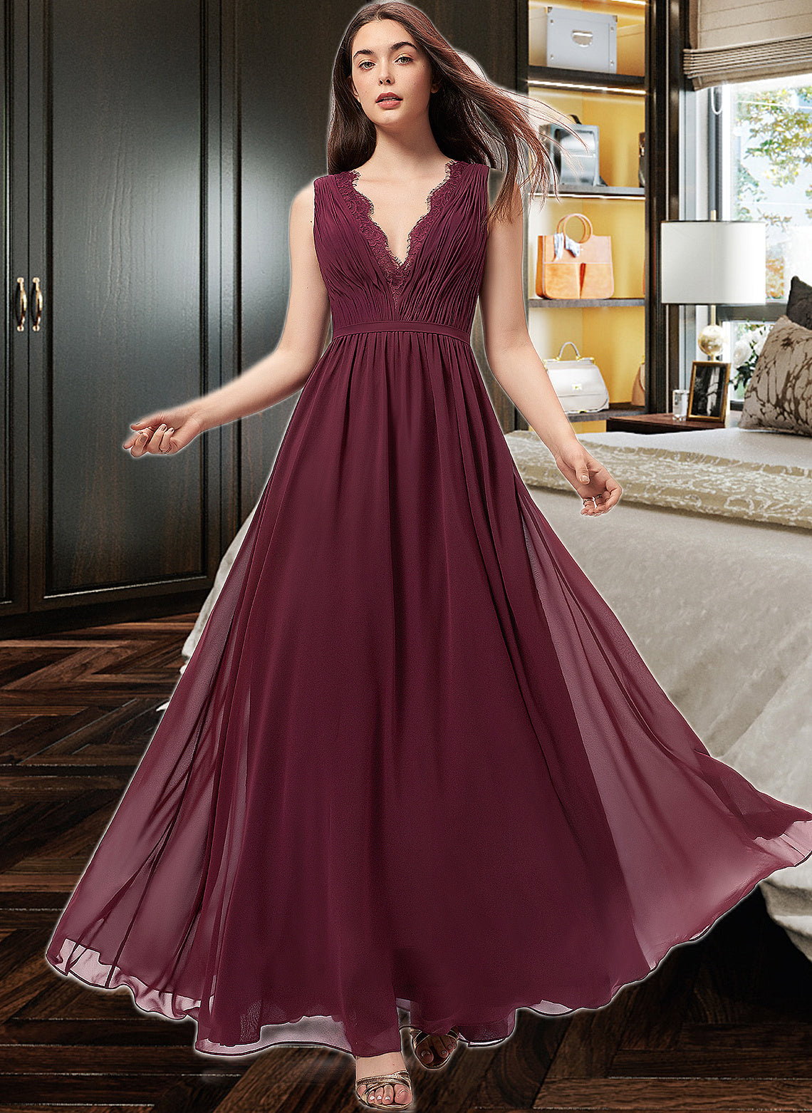 Tamara A-Line V-neck Floor-Length Chiffon Bridesmaid Dress With Ruffle Lace PP6P0013129