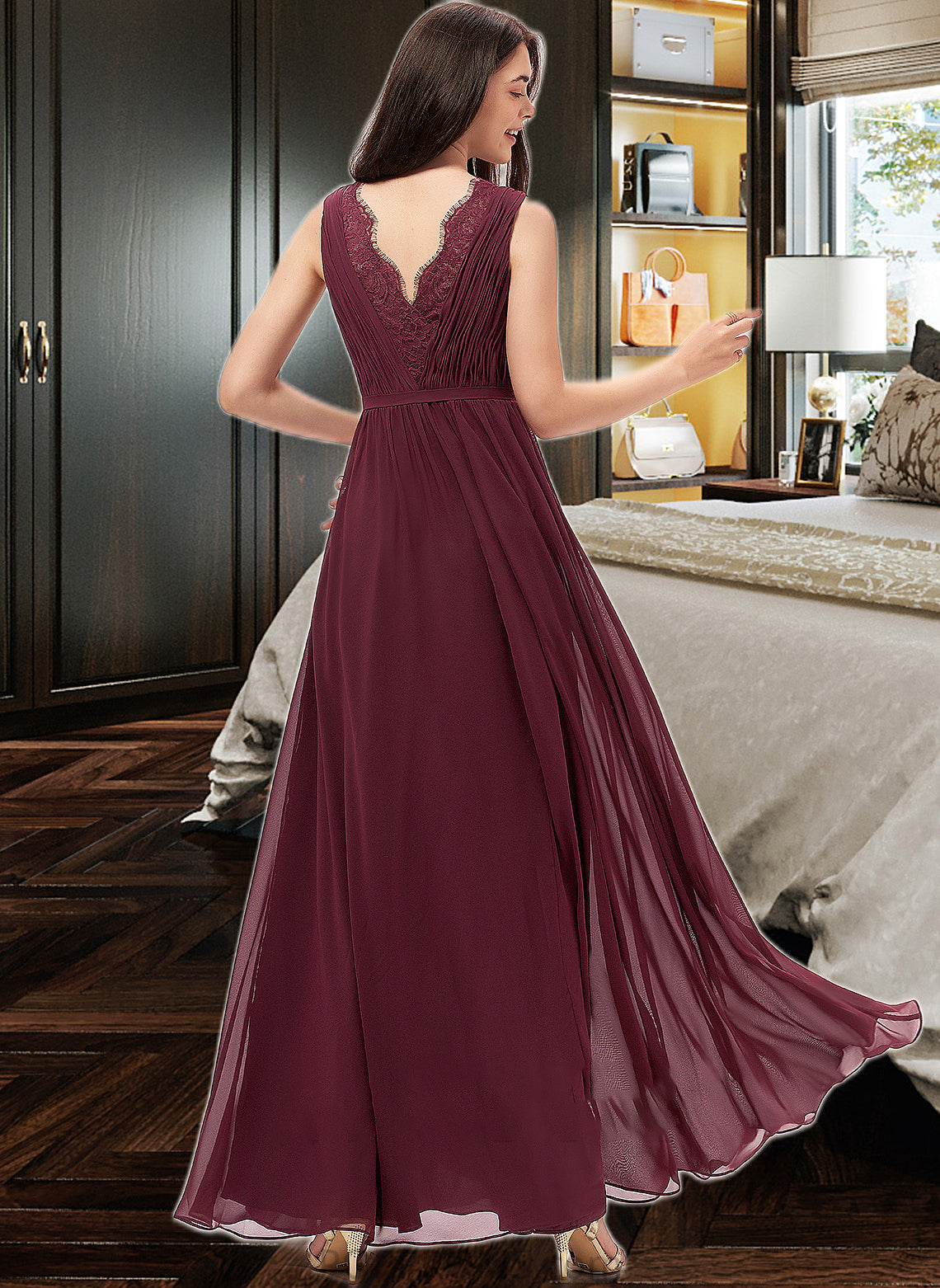 Tamara A-Line V-neck Floor-Length Chiffon Bridesmaid Dress With Ruffle Lace PP6P0013129