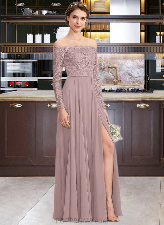 Abby A-Line Off-the-Shoulder Floor-Length Chiffon Lace Bridesmaid Dress With Split Front PP6P0013131