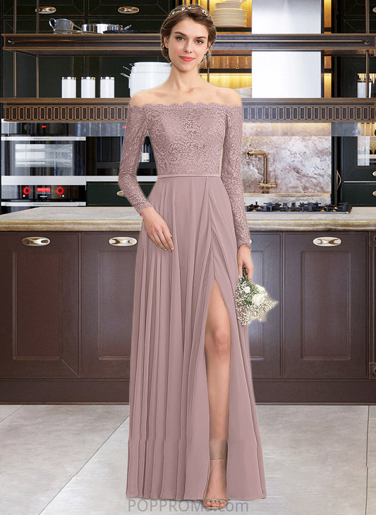 Abby A-Line Off-the-Shoulder Floor-Length Chiffon Lace Bridesmaid Dress With Split Front PP6P0013131