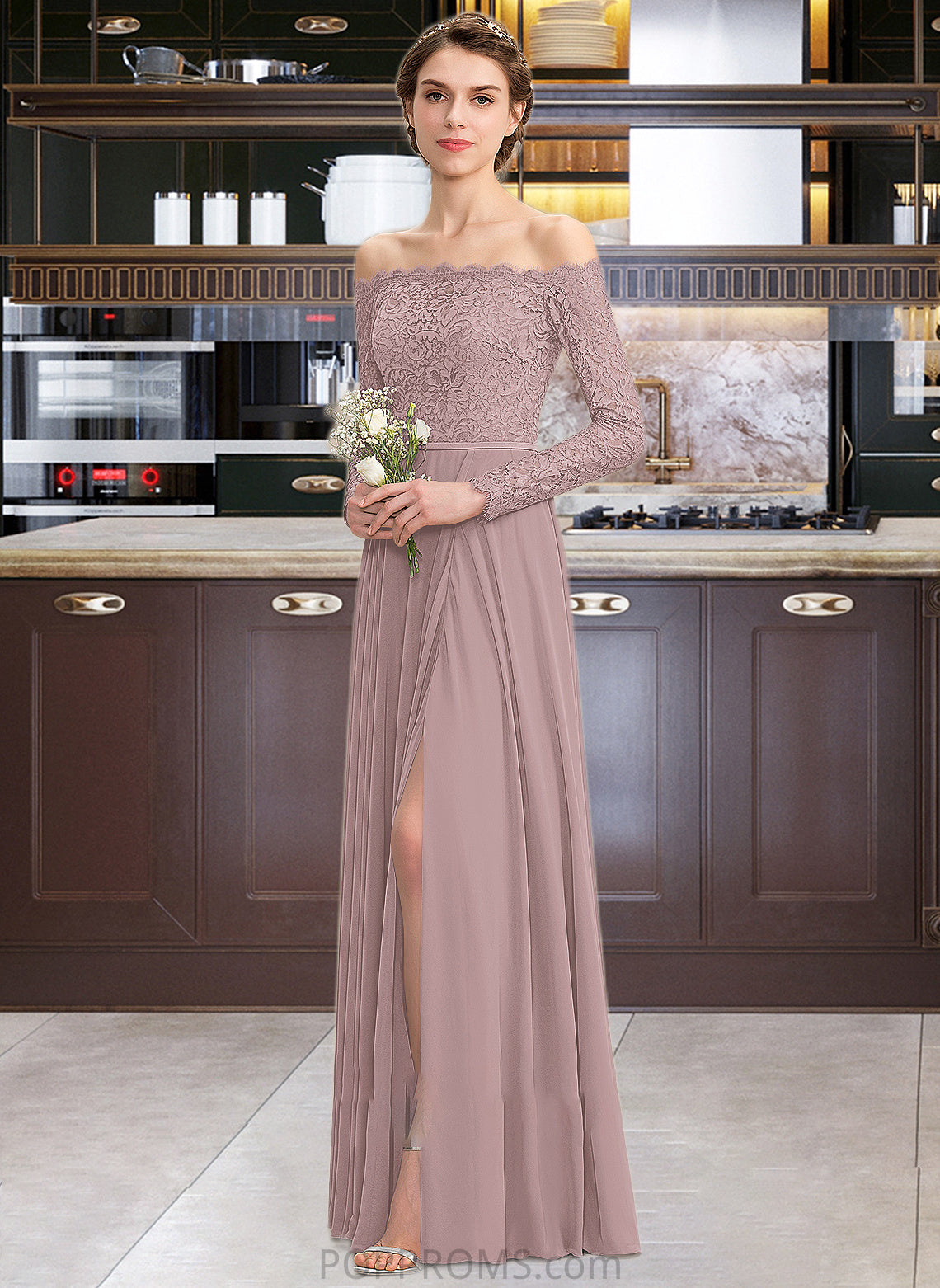 Abby A-Line Off-the-Shoulder Floor-Length Chiffon Lace Bridesmaid Dress With Split Front PP6P0013131