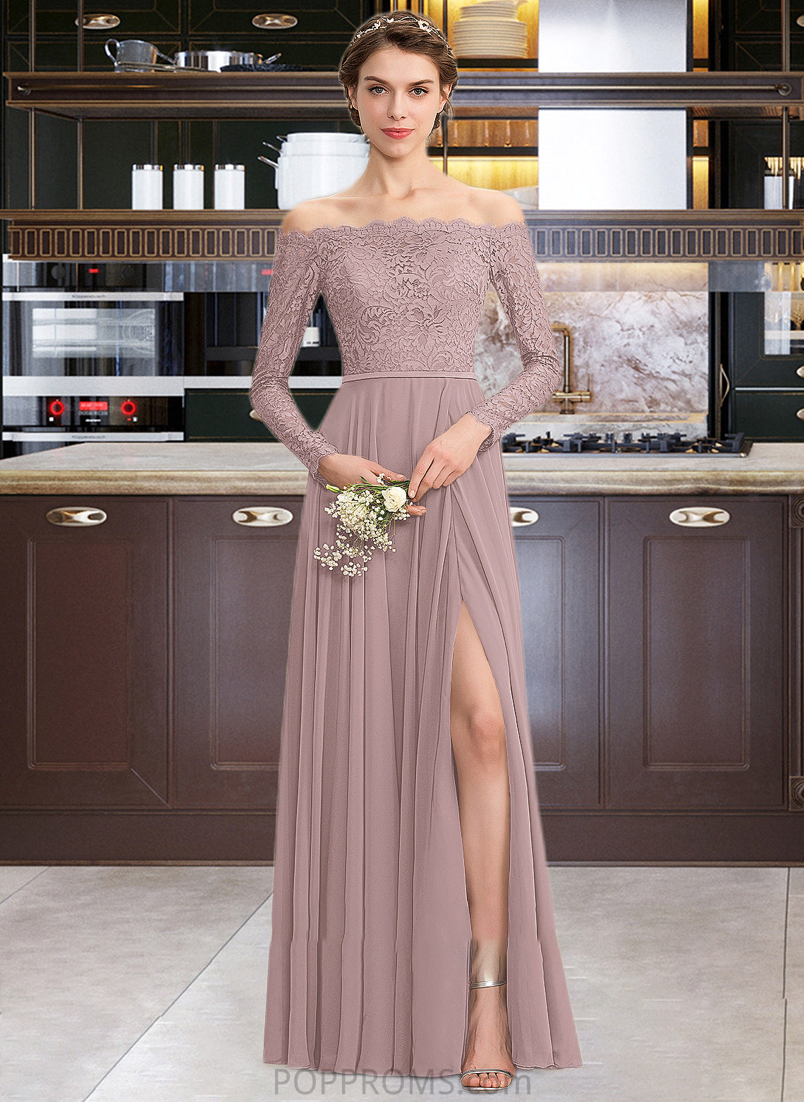 Abby A-Line Off-the-Shoulder Floor-Length Chiffon Lace Bridesmaid Dress With Split Front PP6P0013131