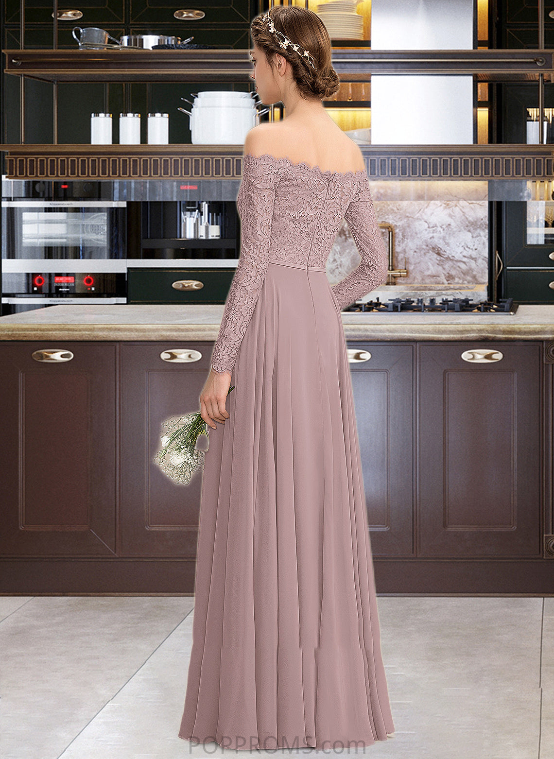 Abby A-Line Off-the-Shoulder Floor-Length Chiffon Lace Bridesmaid Dress With Split Front PP6P0013131