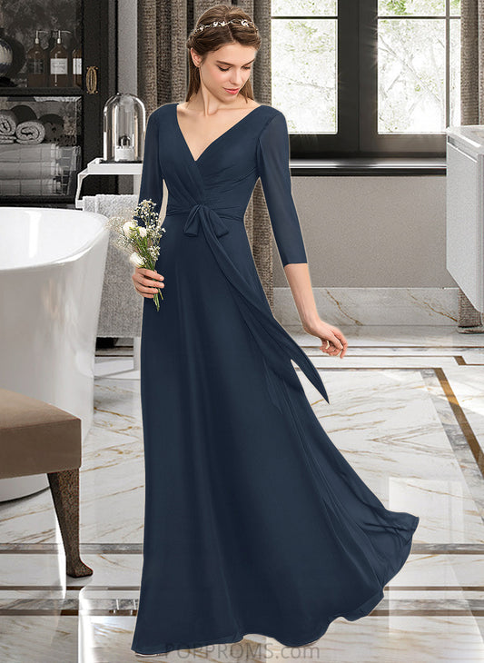 Abbie A-Line V-neck Floor-Length Chiffon Bridesmaid Dress With Ruffle Bow(s) PP6P0013132