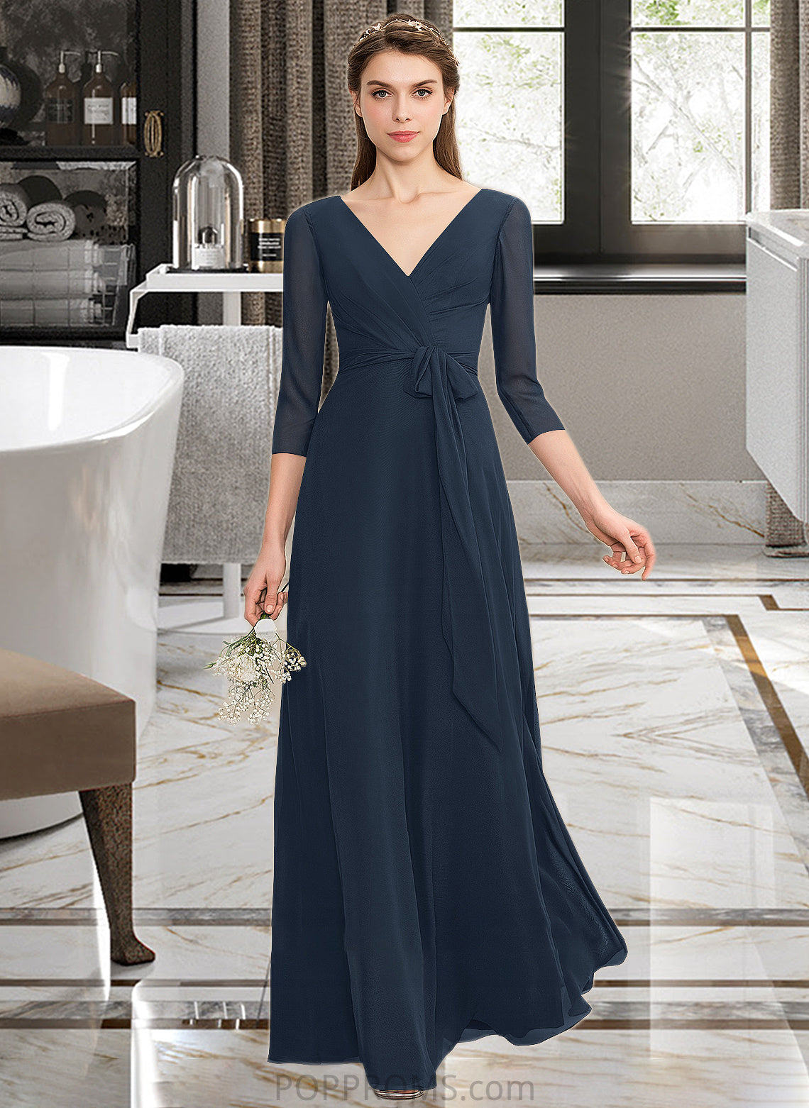 Abbie A-Line V-neck Floor-Length Chiffon Bridesmaid Dress With Ruffle Bow(s) PP6P0013132