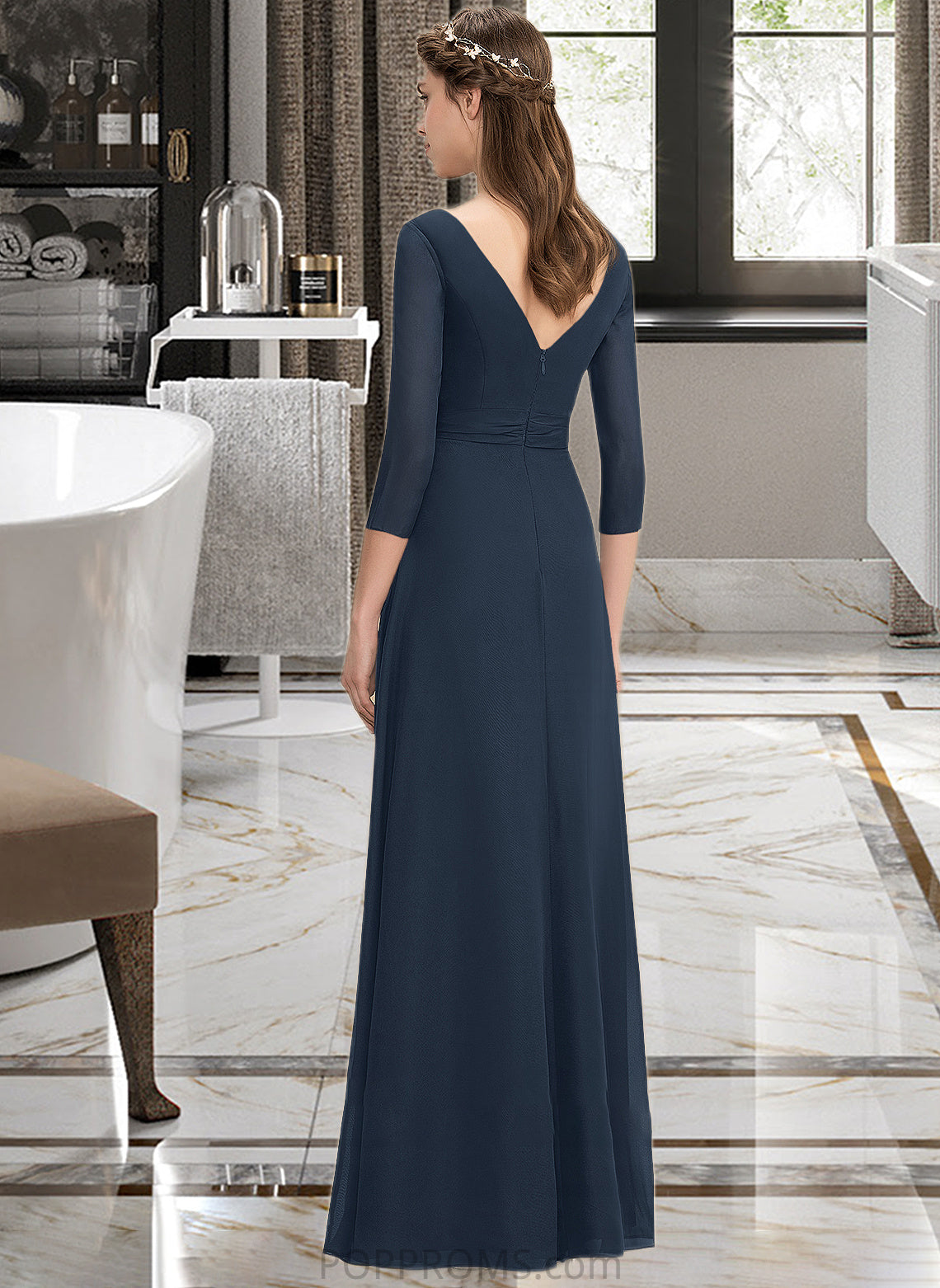 Abbie A-Line V-neck Floor-Length Chiffon Bridesmaid Dress With Ruffle Bow(s) PP6P0013132