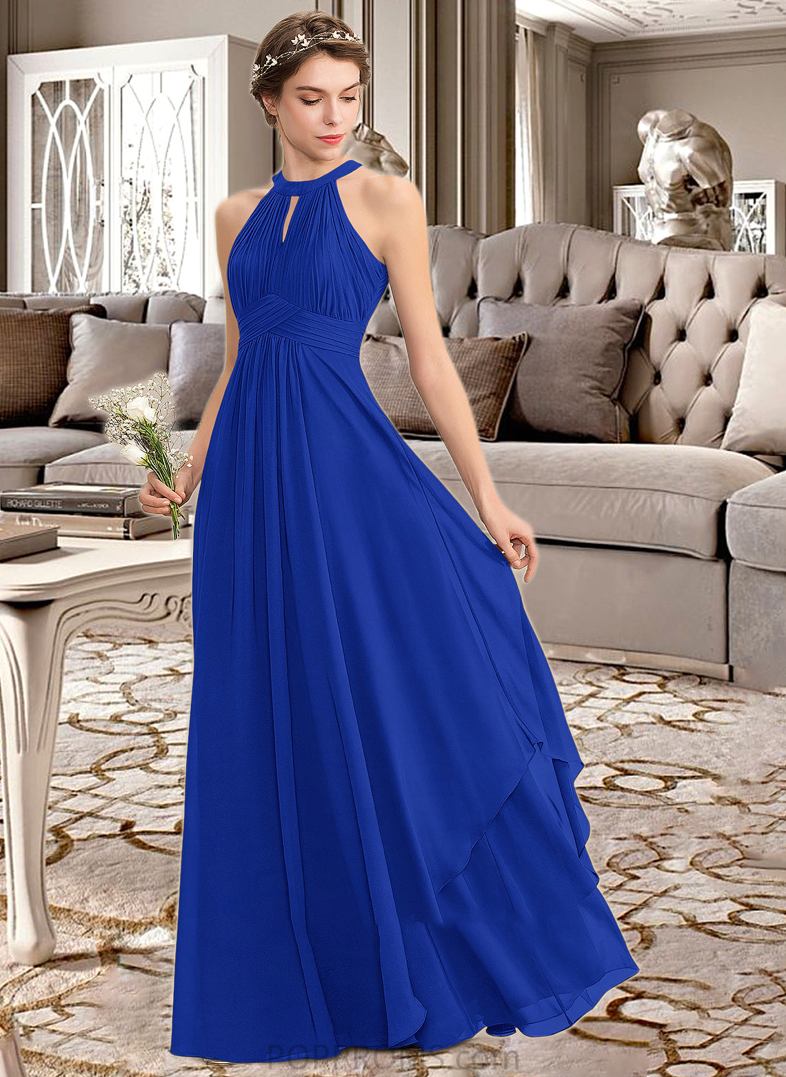 Celeste A-Line Scoop Neck Floor-Length Chiffon Bridesmaid Dress With Ruffle PP6P0013133