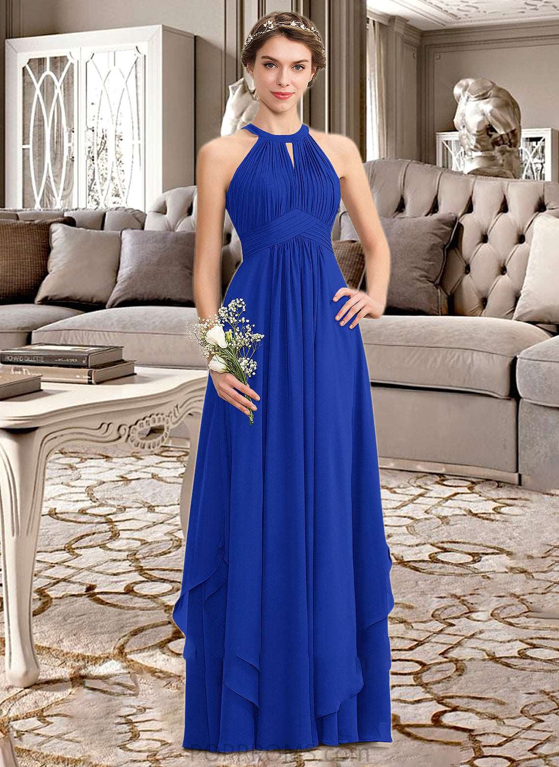 Celeste A-Line Scoop Neck Floor-Length Chiffon Bridesmaid Dress With Ruffle PP6P0013133