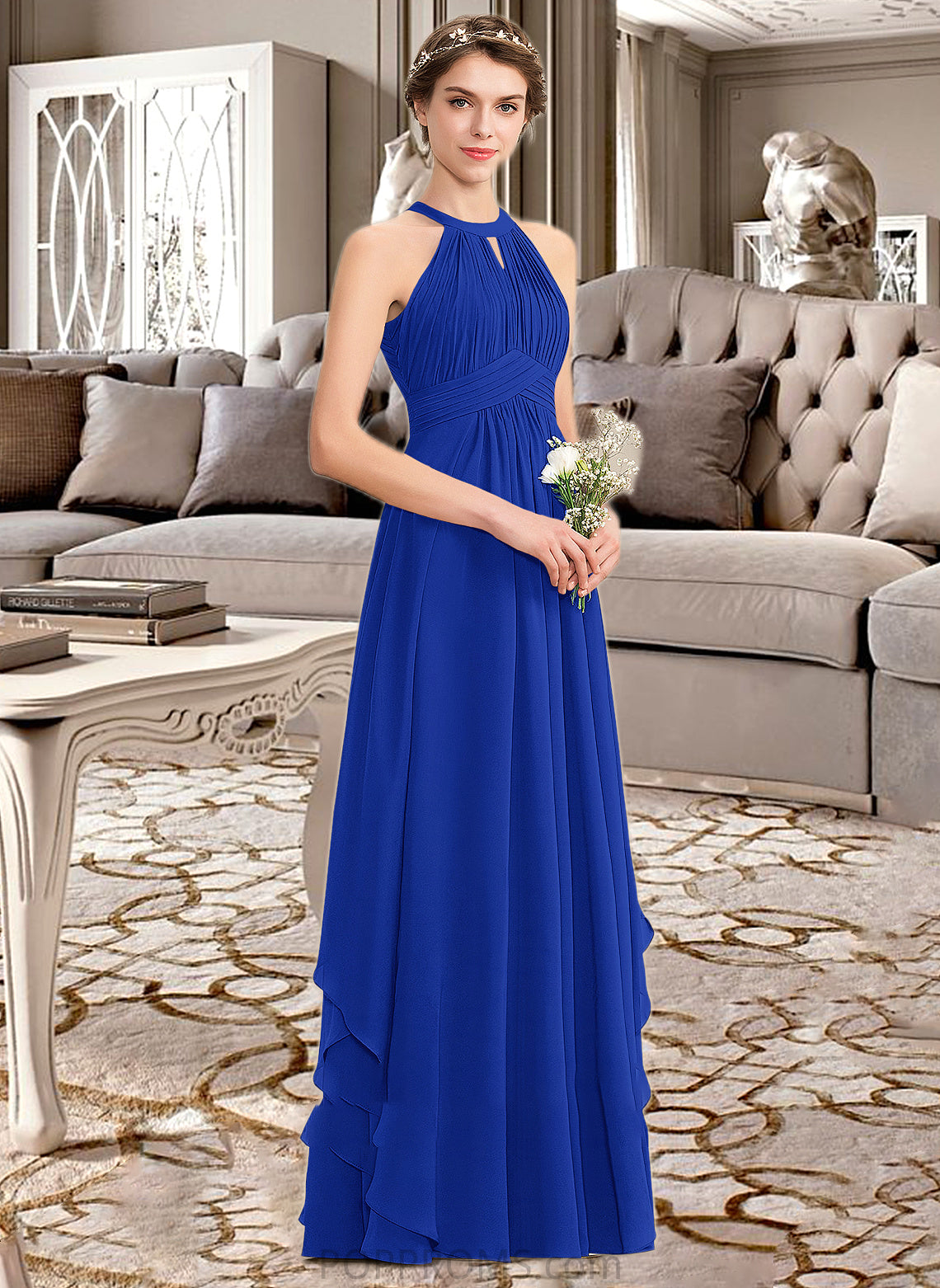 Celeste A-Line Scoop Neck Floor-Length Chiffon Bridesmaid Dress With Ruffle PP6P0013133