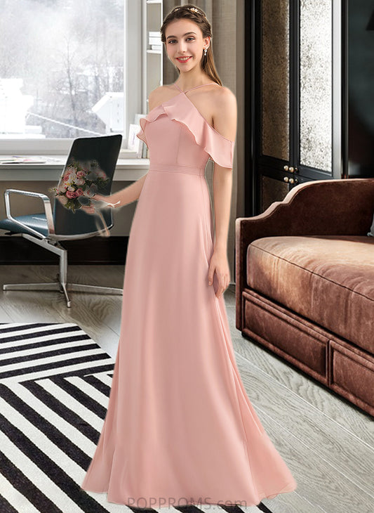 Faith A-Line V-neck Floor-Length Chiffon Bridesmaid Dress With Bow(s) Cascading Ruffles PP6P0013134