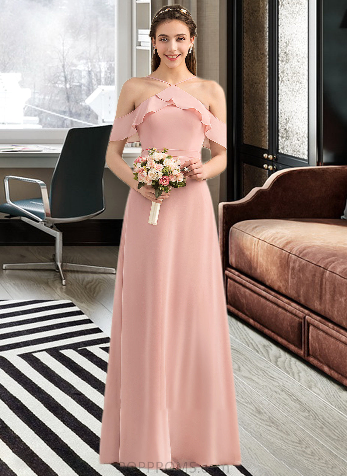 Faith A-Line V-neck Floor-Length Chiffon Bridesmaid Dress With Bow(s) Cascading Ruffles PP6P0013134