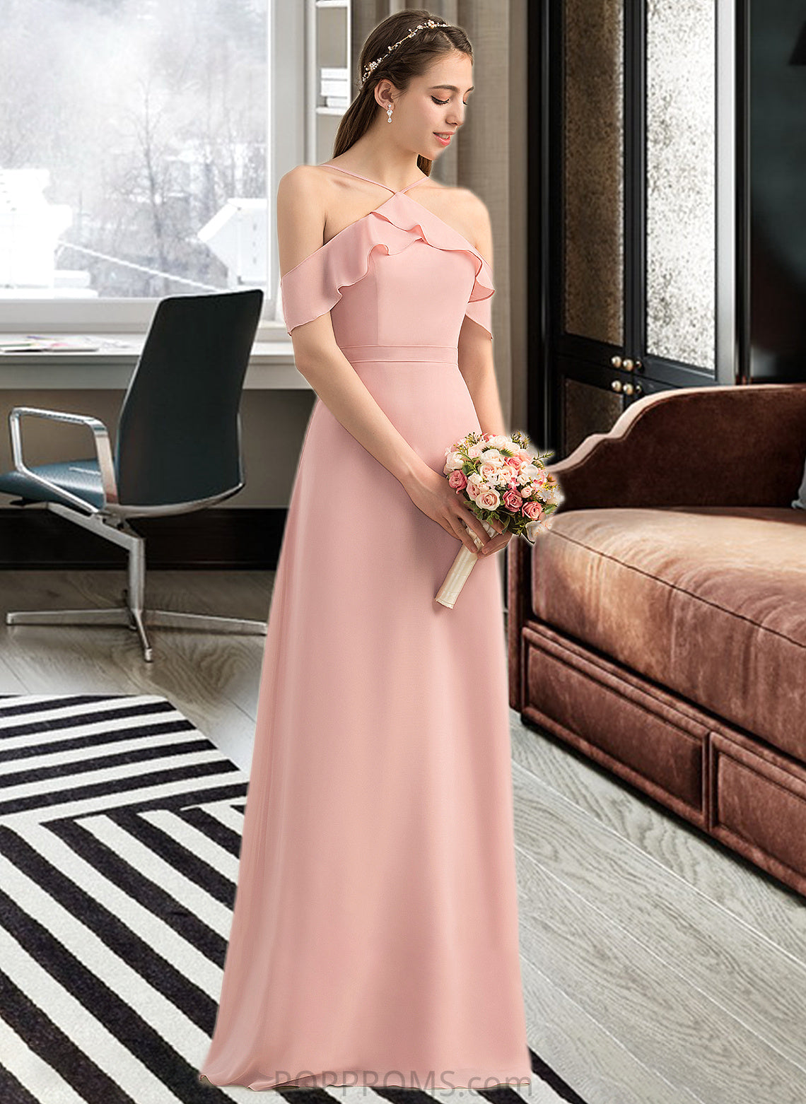 Faith A-Line V-neck Floor-Length Chiffon Bridesmaid Dress With Bow(s) Cascading Ruffles PP6P0013134