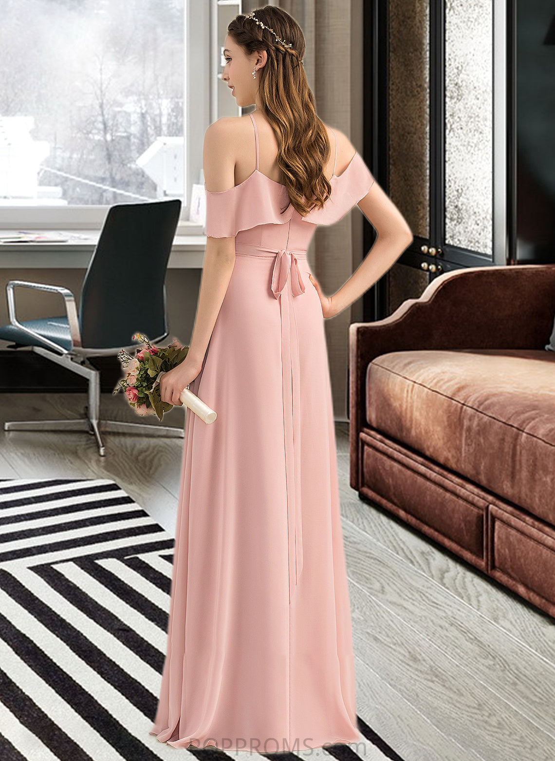 Faith A-Line V-neck Floor-Length Chiffon Bridesmaid Dress With Bow(s) Cascading Ruffles PP6P0013134