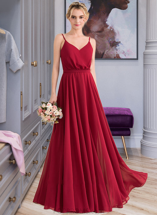 Liz A-Line V-neck Floor-Length Chiffon Bridesmaid Dress With Bow(s) PP6P0013135