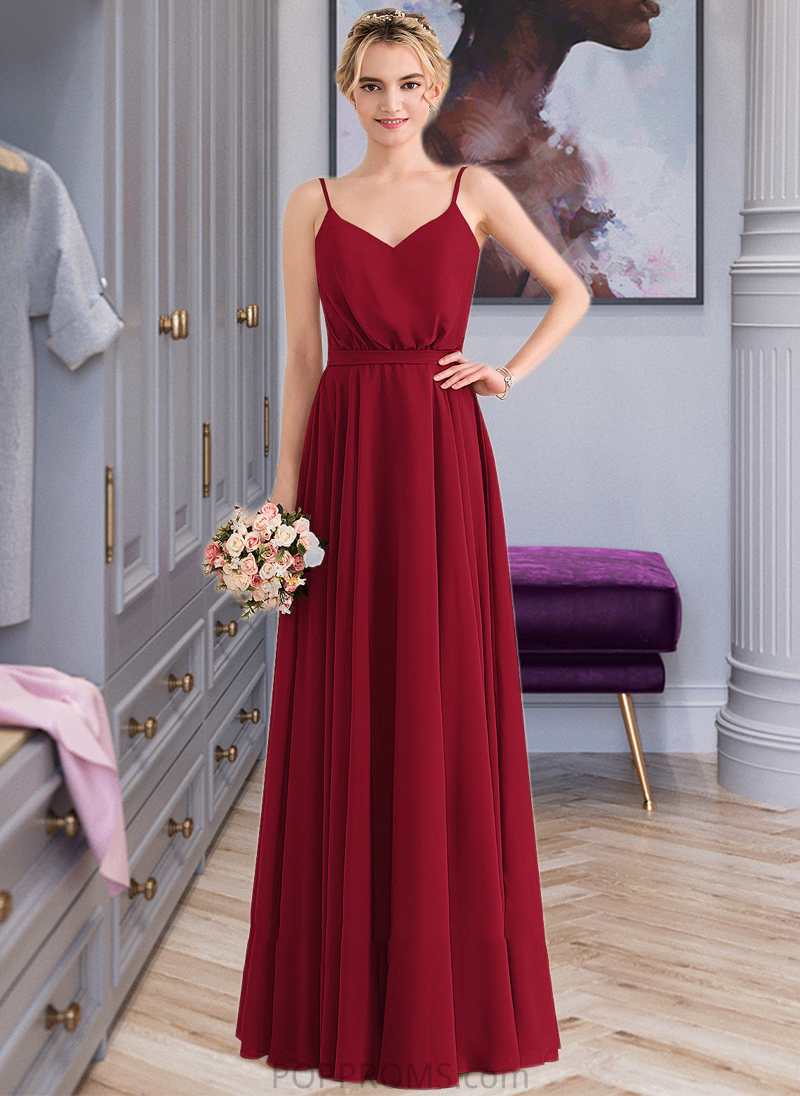 Liz A-Line V-neck Floor-Length Chiffon Bridesmaid Dress With Bow(s) PP6P0013135