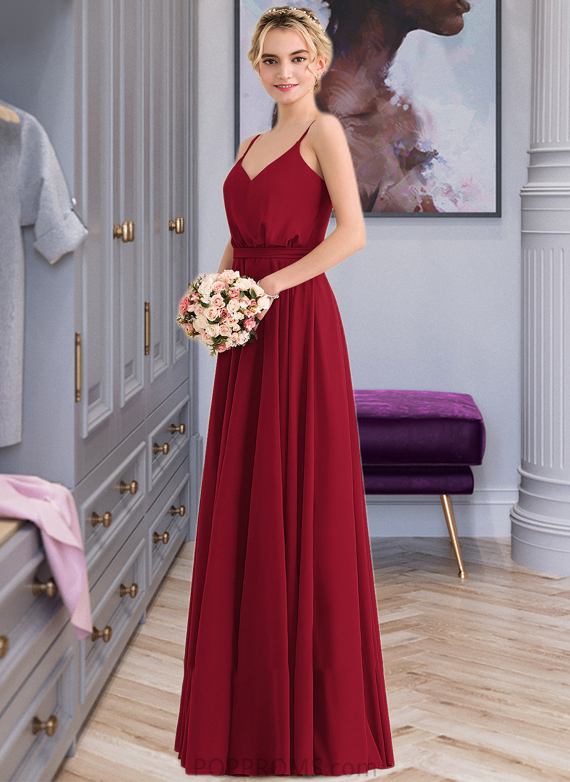 Liz A-Line V-neck Floor-Length Chiffon Bridesmaid Dress With Bow(s) PP6P0013135