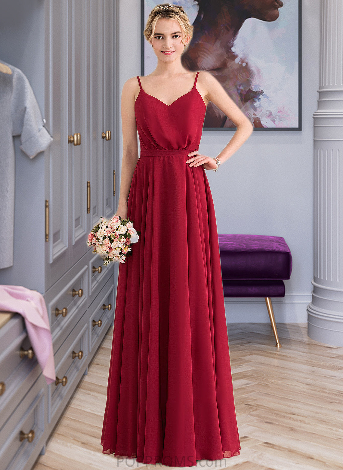 Liz A-Line V-neck Floor-Length Chiffon Bridesmaid Dress With Bow(s) PP6P0013135