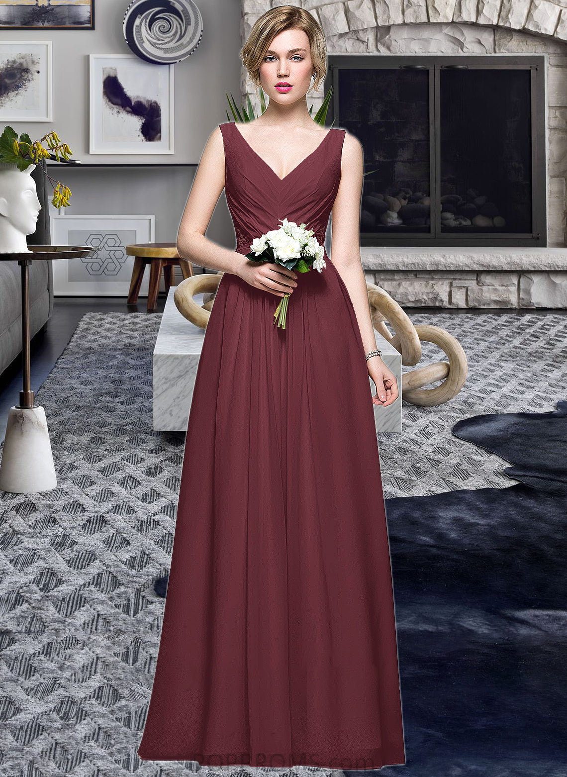 Taliyah A-Line V-neck Floor-Length Chiffon Bridesmaid Dress With Ruffle Lace Beading Sequins PP6P0013136