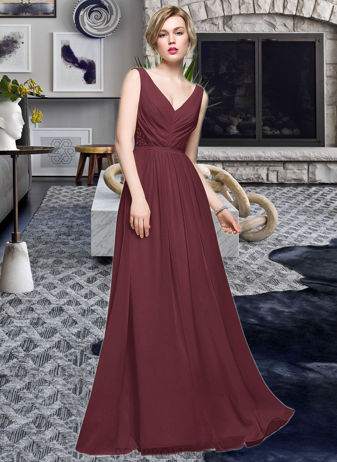 Taliyah A-Line V-neck Floor-Length Chiffon Bridesmaid Dress With Ruffle Lace Beading Sequins PP6P0013136