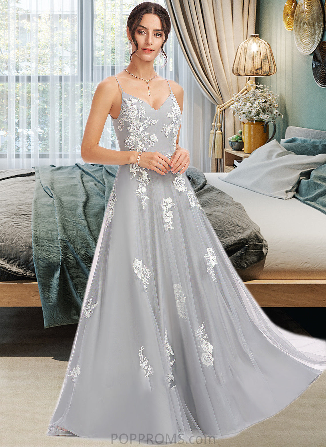 Annabel A-Line V-neck Floor-Length Bridesmaid Dress With Lace PP6P0013140