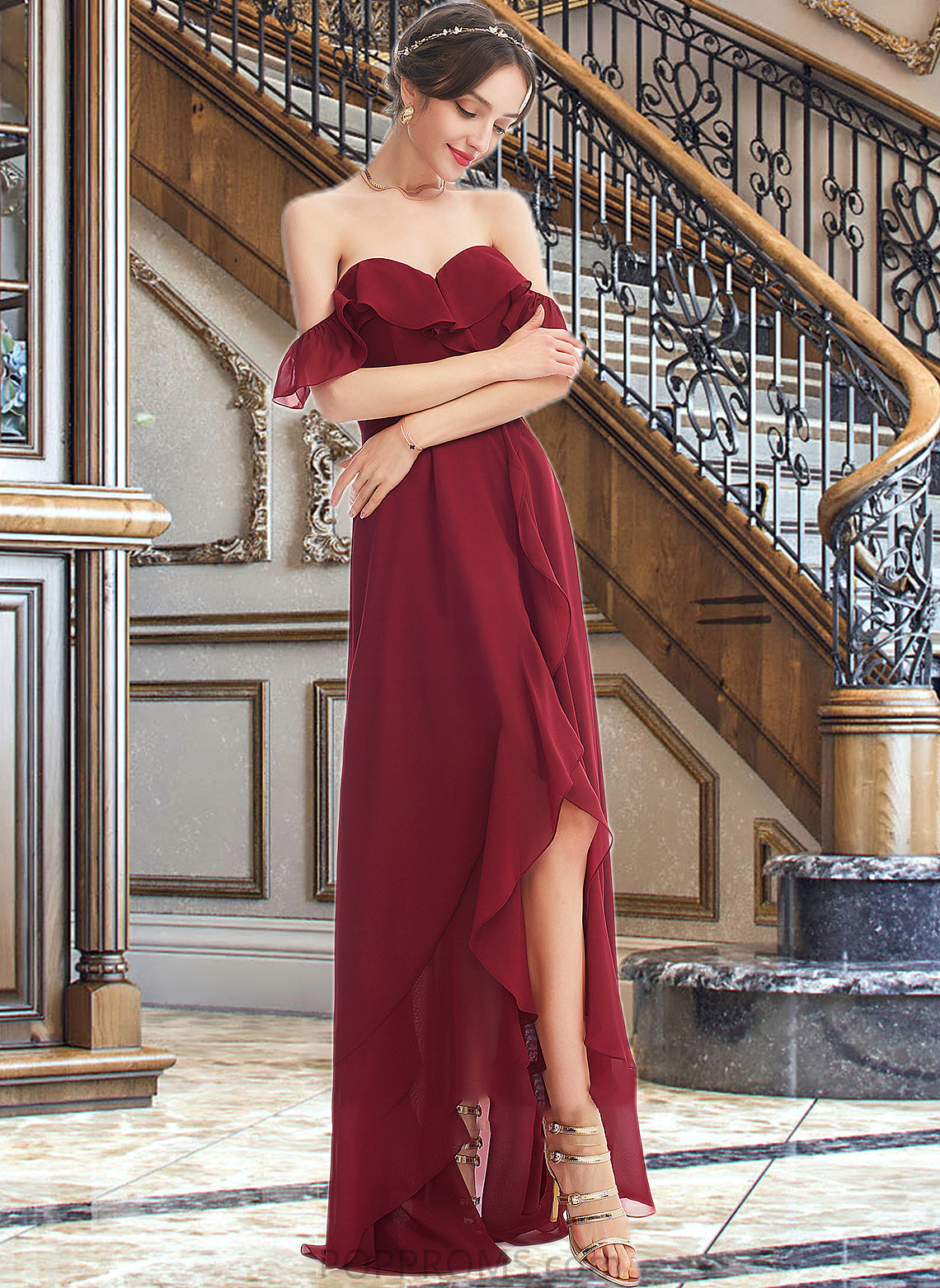 Cristina A-Line Off-the-Shoulder Asymmetrical Bridesmaid Dress With Ruffle Split Front PP6P0013141