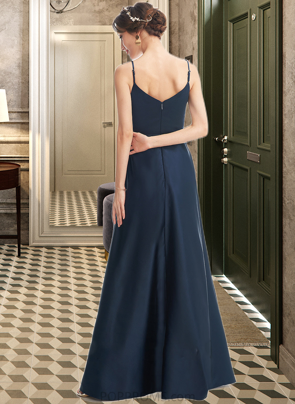 Yaretzi A-Line V-neck Floor-Length Bridesmaid Dress With Split Front Pockets PP6P0013142