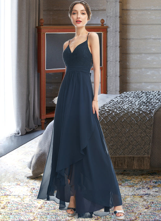 Ireland A-Line V-neck Asymmetrical Bridesmaid Dress With Lace Bow(s) PP6P0013143