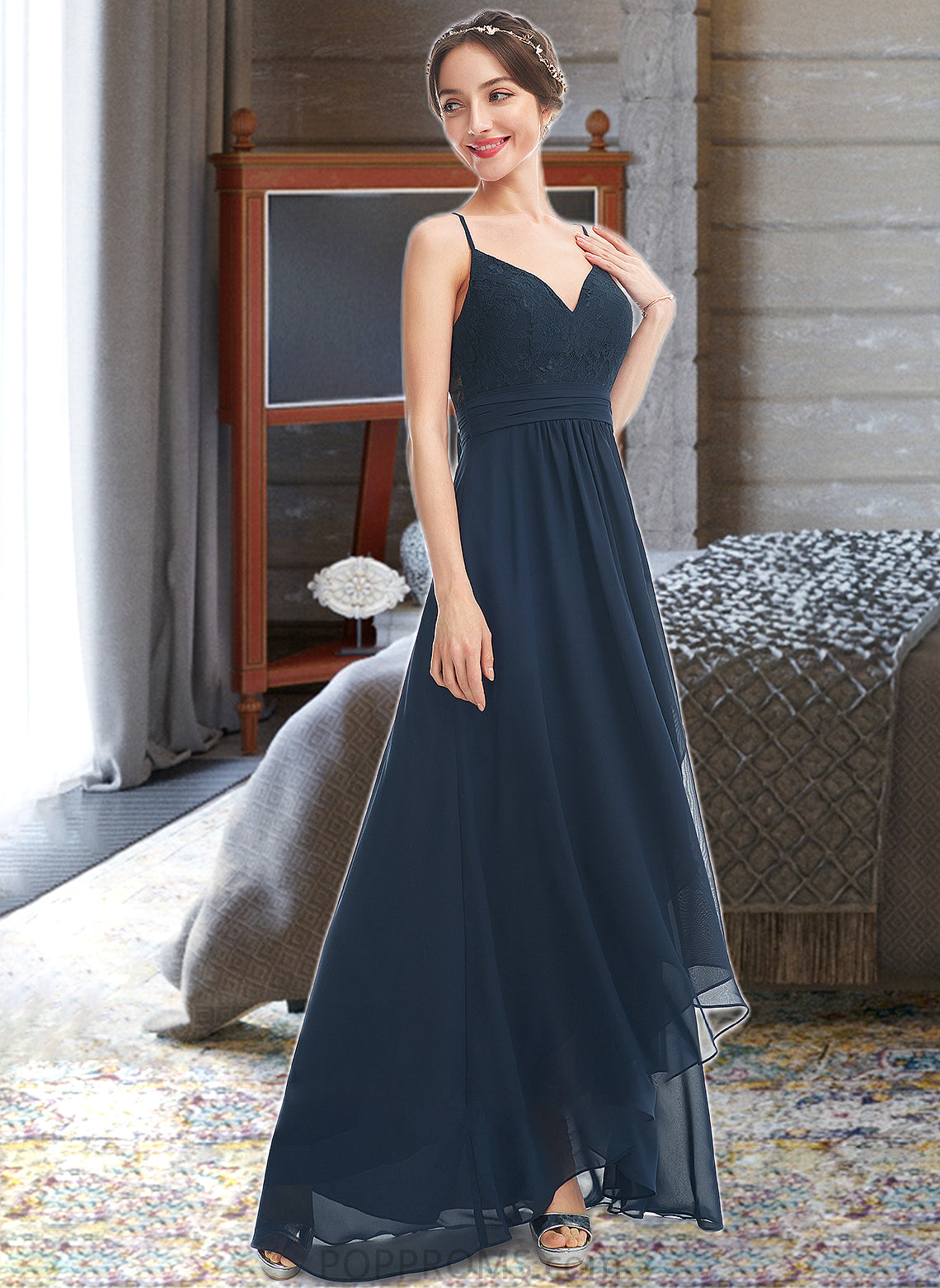 Ireland A-Line V-neck Asymmetrical Bridesmaid Dress With Lace Bow(s) PP6P0013143