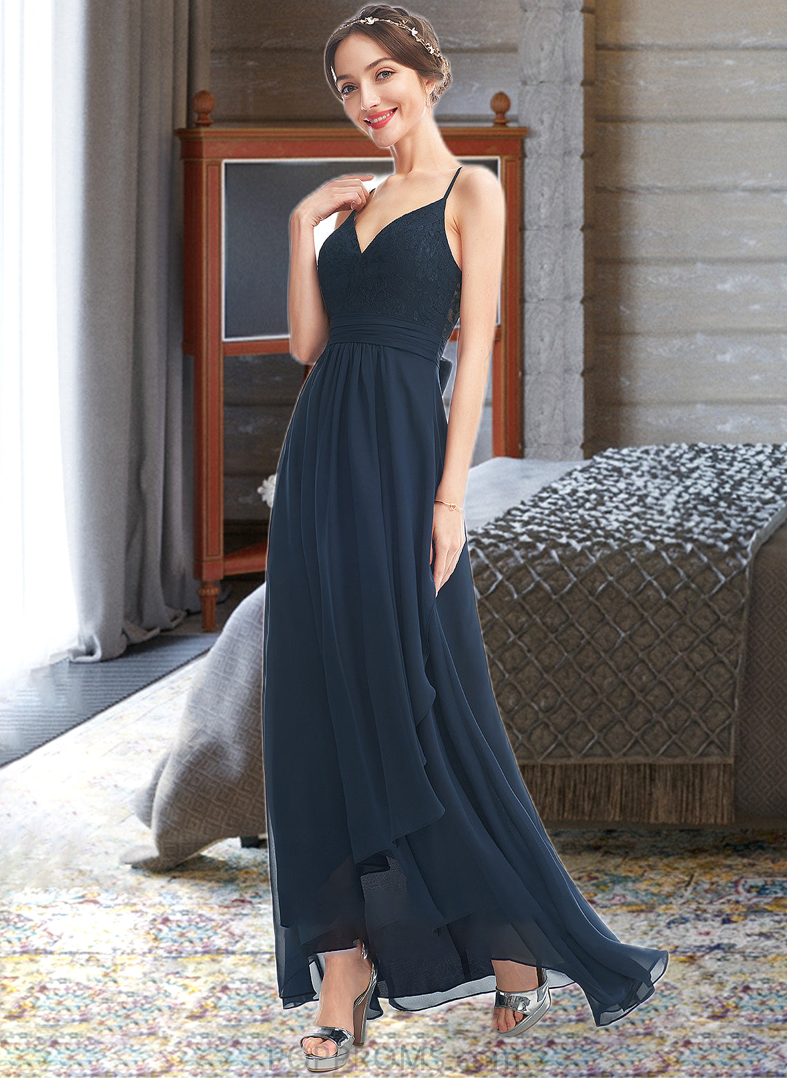 Ireland A-Line V-neck Asymmetrical Bridesmaid Dress With Lace Bow(s) PP6P0013143