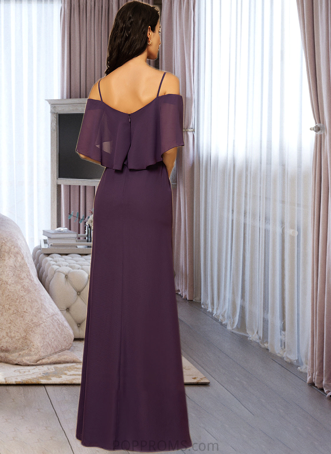 Marley Sheath/Column Off-the-Shoulder Floor-Length Chiffon Bridesmaid Dress With Split Front PP6P0013144