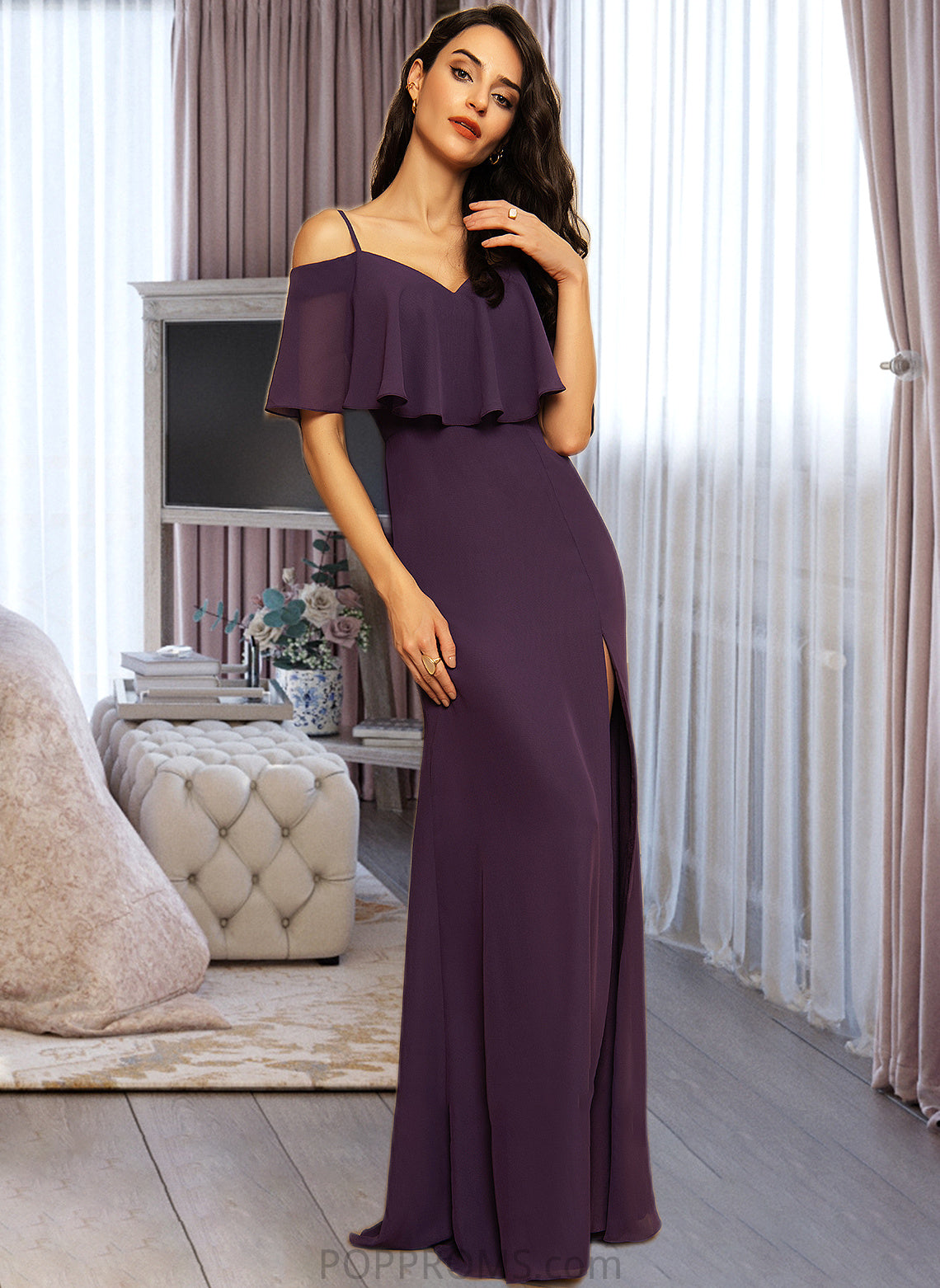 Marley Sheath/Column Off-the-Shoulder Floor-Length Chiffon Bridesmaid Dress With Split Front PP6P0013144