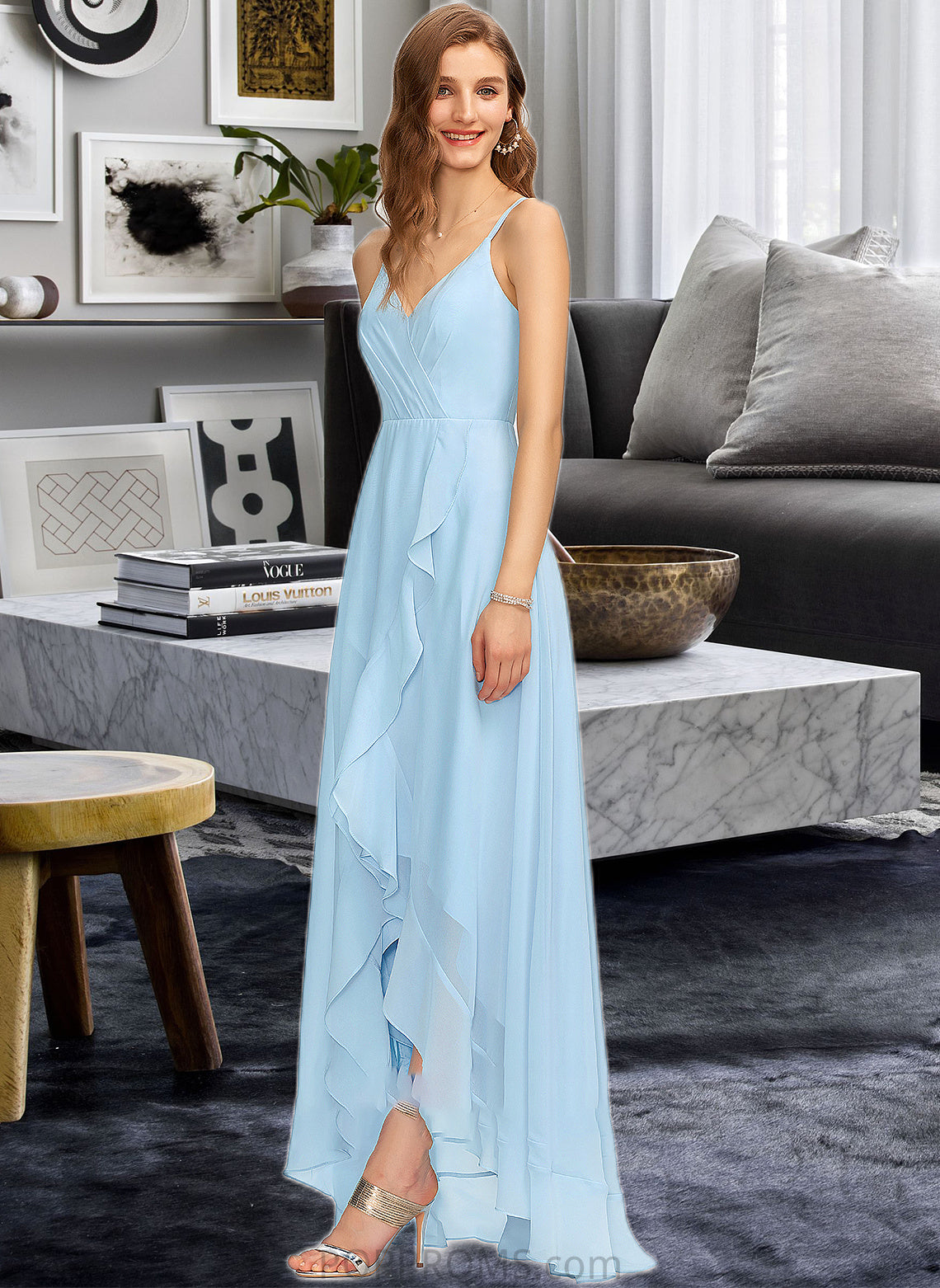 Justice A-Line V-neck Asymmetrical Chiffon Bridesmaid Dress With Cascading Ruffles PP6P0013145