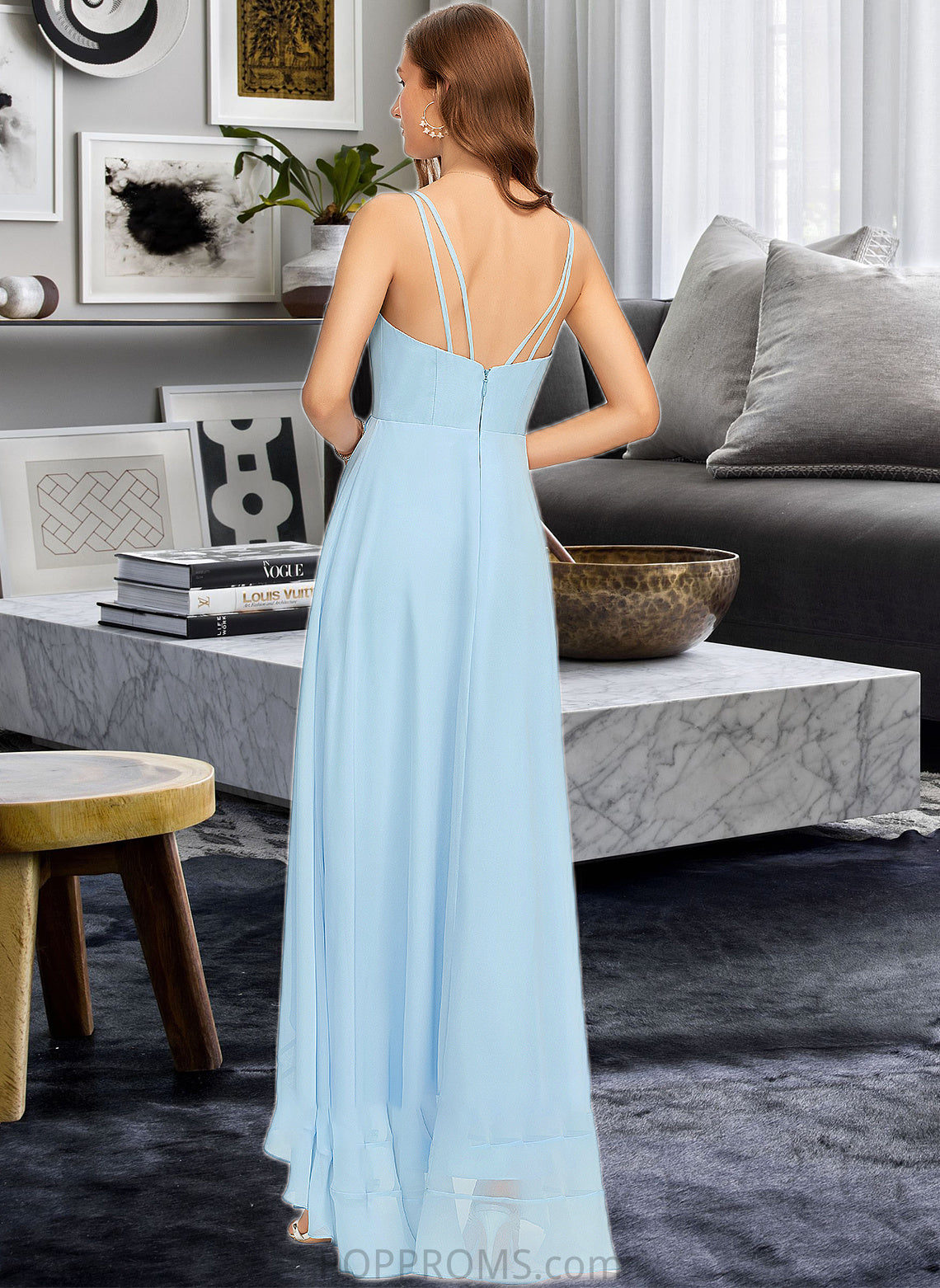 Justice A-Line V-neck Asymmetrical Chiffon Bridesmaid Dress With Cascading Ruffles PP6P0013145