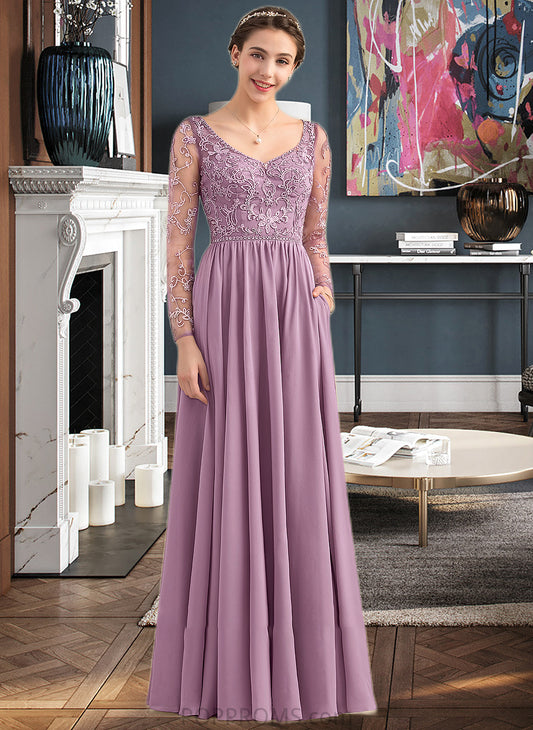 Celeste A-Line V-neck Floor-Length Chiffon Lace Bridesmaid Dress With Beading Pockets PP6P0013147