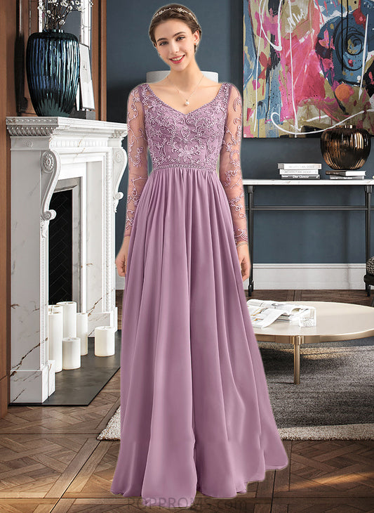 Celeste A-Line V-neck Floor-Length Chiffon Lace Bridesmaid Dress With Beading Pockets PP6P0013147