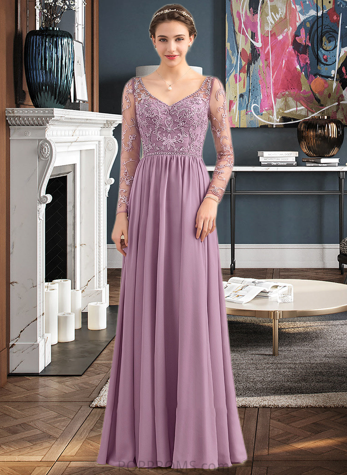 Celeste A-Line V-neck Floor-Length Chiffon Lace Bridesmaid Dress With Beading Pockets PP6P0013147