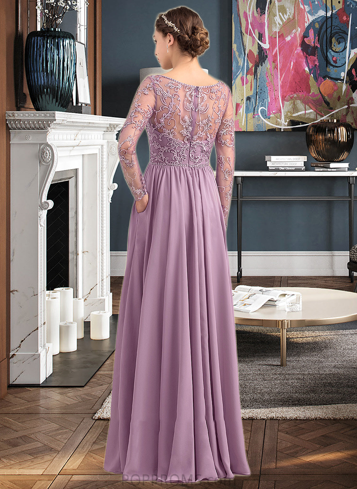 Celeste A-Line V-neck Floor-Length Chiffon Lace Bridesmaid Dress With Beading Pockets PP6P0013147